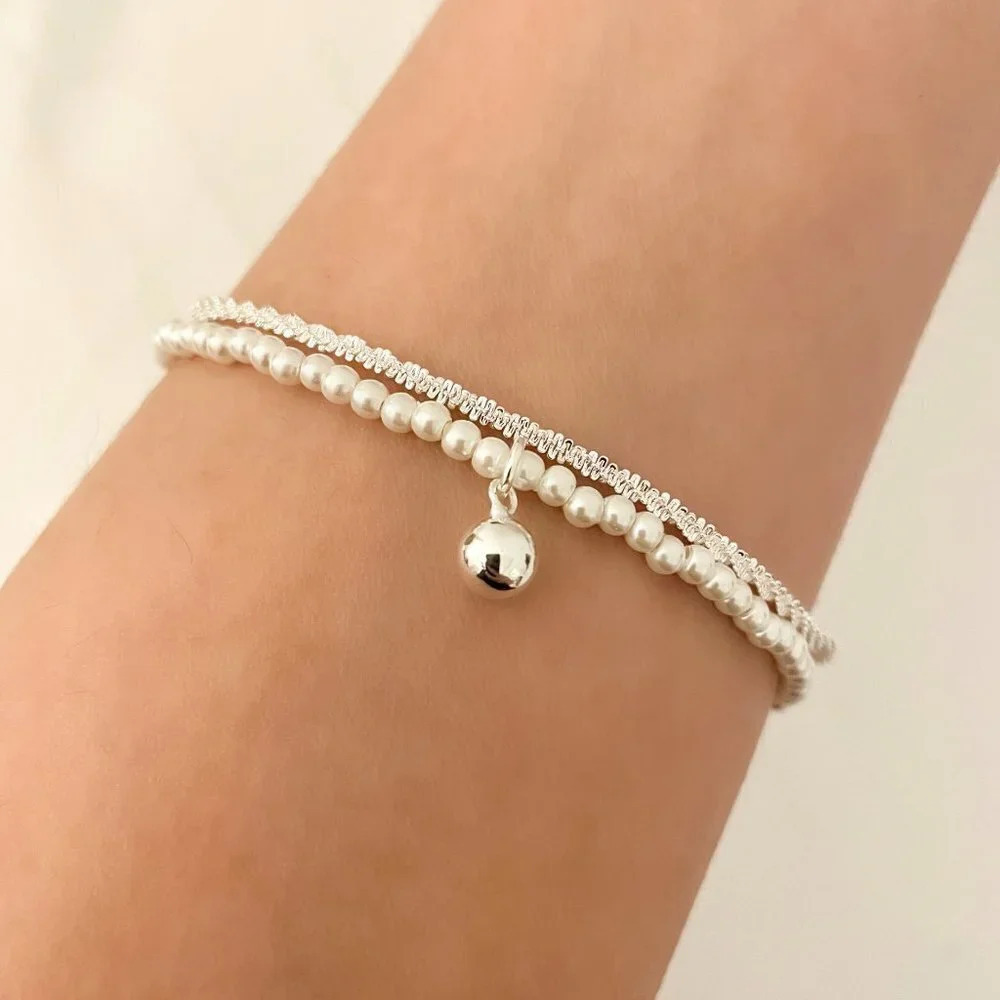 925 Sterling Silver Two Layer Bracelet Dainty Shiny Sequin & Pearl Bracelet